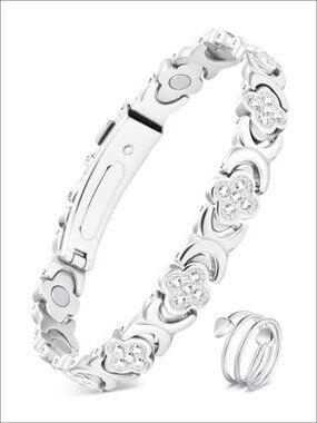 Pure Copper Magnetic Bracelet & Ring Set Adjustable Cubic Zirconia Clover